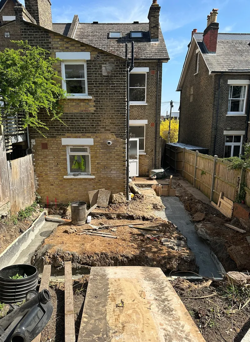 Groundworks for a rear and side extension at a Victorian house in Lewisham