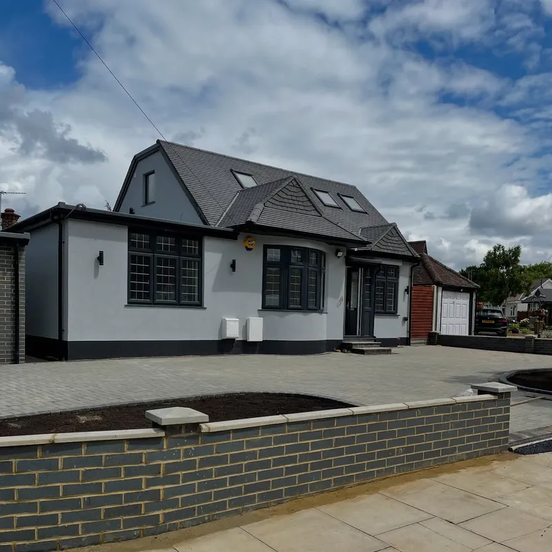Front of the completed bungalow in Harrow with its paved driveway