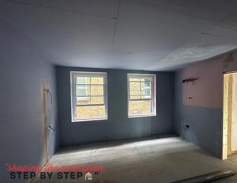 Freshly plastered room in a Mayfair flat ahead of the final skim coat